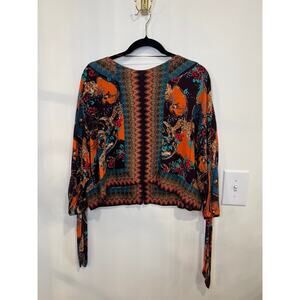 Free People Boho Cropped Kimono Top S Tie Sleeve Blouse Festival Western Chic